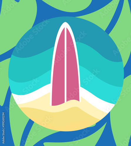 Ilustración vectorial abstracta de tabla de surf en la arena frente al mar en estilo minimalista.