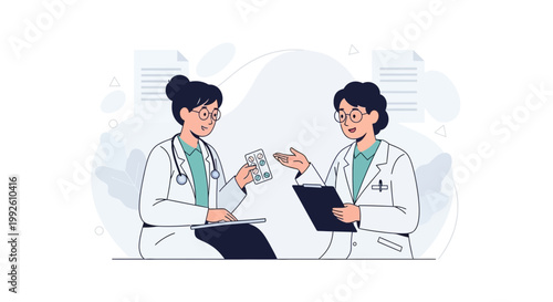 Two doctors discussing medical treatment, holding pills and clipboard
