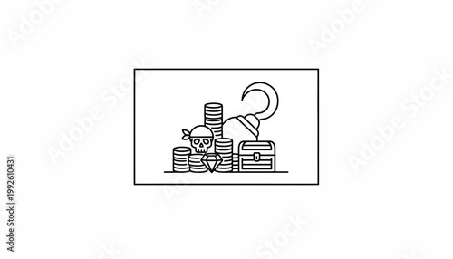 Pirate Treasure Chest, Skull, Diamond, and Gold Coins - Line Art Icon