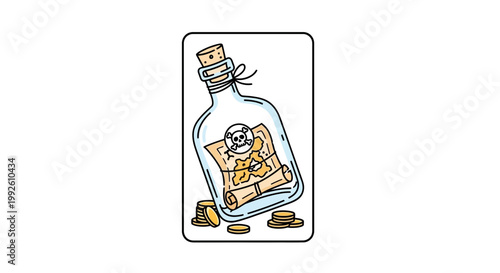 Pirate Treasure Map in a Bottle with Gold Coins, Vintage Message in a Corked Glass Bottle