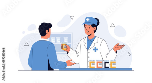 Pharmacist consulting patient, handing over medication in pharmacy