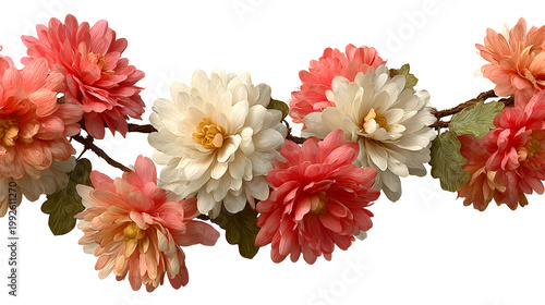 A colorful autumn bouquet of red and white chrysanthemum blossoms mixed with yellow gerbera and orange daisy petals creates a beautiful floral display of summer garden nature in full bloom