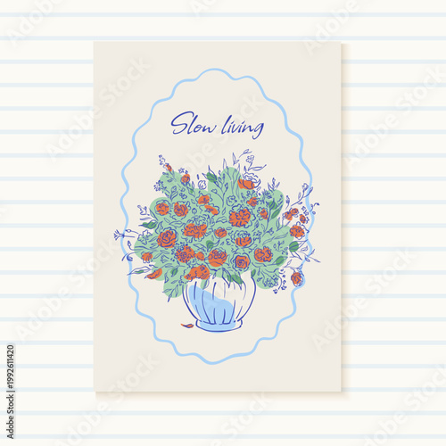 Whimsical blue flower vase menu card. Cute hand drawn doodle icon with Mediterranean bouquet as calm breakfast accent. Vintage cafe menu cover print for restaurant collection and cozy brunch food or