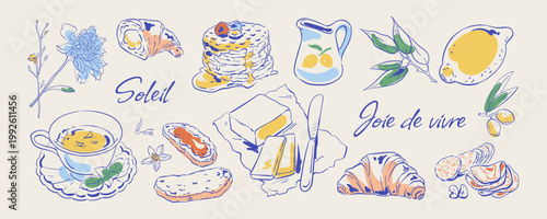 Coquette breakfast in blue and yellow sketch color set. Cute italian food as lemon, croissant, pancakes and butter with coffee cup as warm brunch meal. Vintage cafe menu art for bakery, restaurant