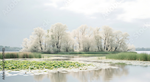 Misty willow trees reflecting in calm wetland pond at dawn with soft foggy atmosphere