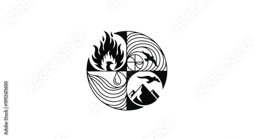 Circular emblem depicting the four elements: fire, water, air, and earth.