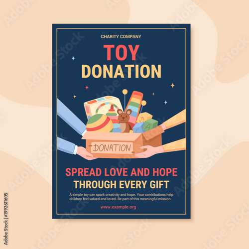 Toy donation box with child gift and hand help on dark blue background. Children charity poster show toy and box share as community support. Colorful flat cartoon graphic style for print media