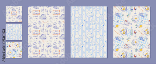 Hand drawn french breakfast pattern in blue and yellow seamless set. Vintage cafe food set with croissant, cheese, wine and bread as seamless background. Cute doodle icon sketch for brunch menu,