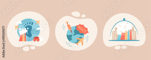 Cartoon eco planet concept with industrial pollution set. Airplane noise and carbon footprint on earth as green environment warning. Environmental emission icon set for ecology, climate and eco