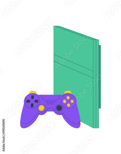 Retro console and gamepad in flat style. Purple joystick, classic controller and video game gadget for every player. Modern icon for videogame entertainment, digital fun retro hobby concepts.