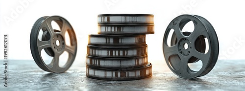 stacked vintage film canisters flanked by two metal film reels on a textured surface with warm backlight, evoking a nostalgic cinematic mood