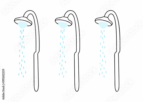 Minimalist illustration of three shower heads with dripping water droplets