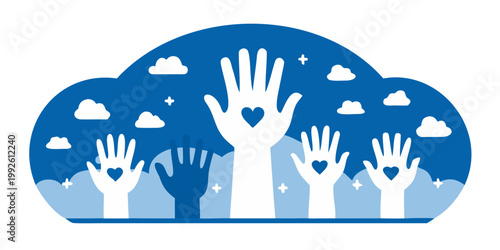 Helping hands reaching towards a cloud with heart shaped cutouts