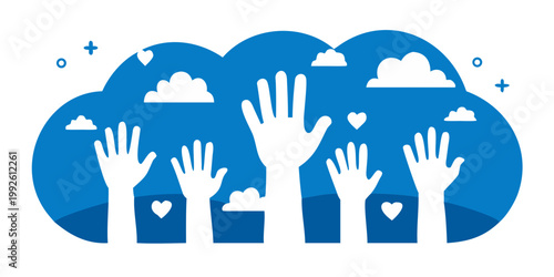 Silhouetted hands reaching upwards towards a blue cloudscape with hearts