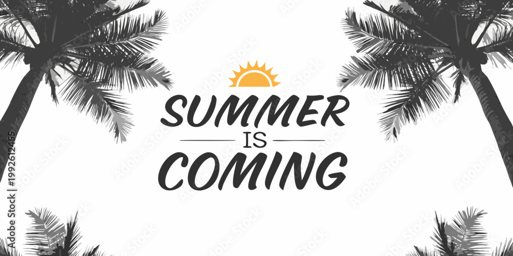 Obraz premium Stylized summer graphic featuring palm trees and a rising sun