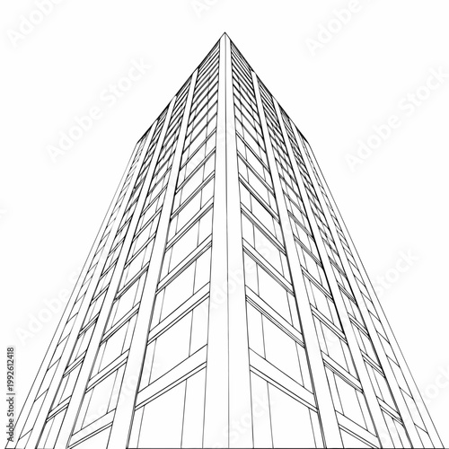 Detailed architectural drawing of a modern skyscraper viewed from below