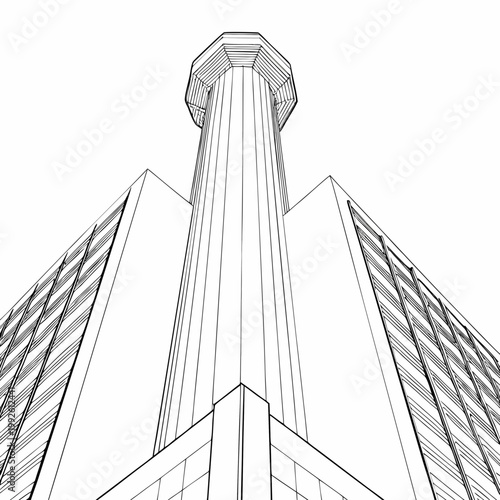 Architectural rendering of a modern building viewed from a low angle