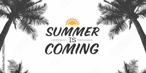 Stylized summer graphic featuring palm trees and a rising sun