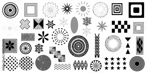 Collection of abstract geometric shapes and patterns in black white and gray