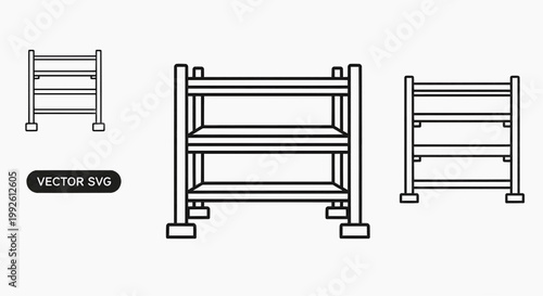 The illustration depicts various views of a shelving unit with multiple horizontal bars.