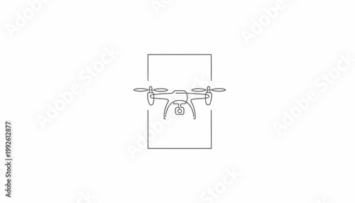 Minimalist drone icon with camera in frame, line art, technology concept