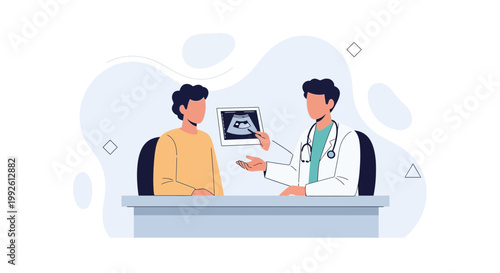 Doctor shows ultrasound scan to patient, medical consultation, pregnancy checkup