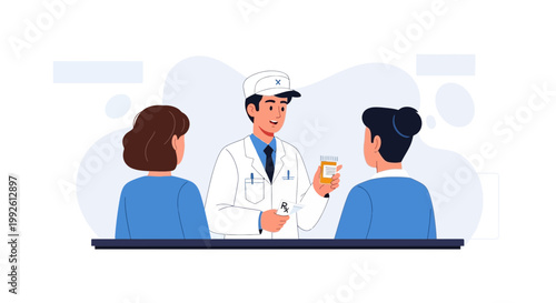 Doctor giving prescription medicine to patients in clinic