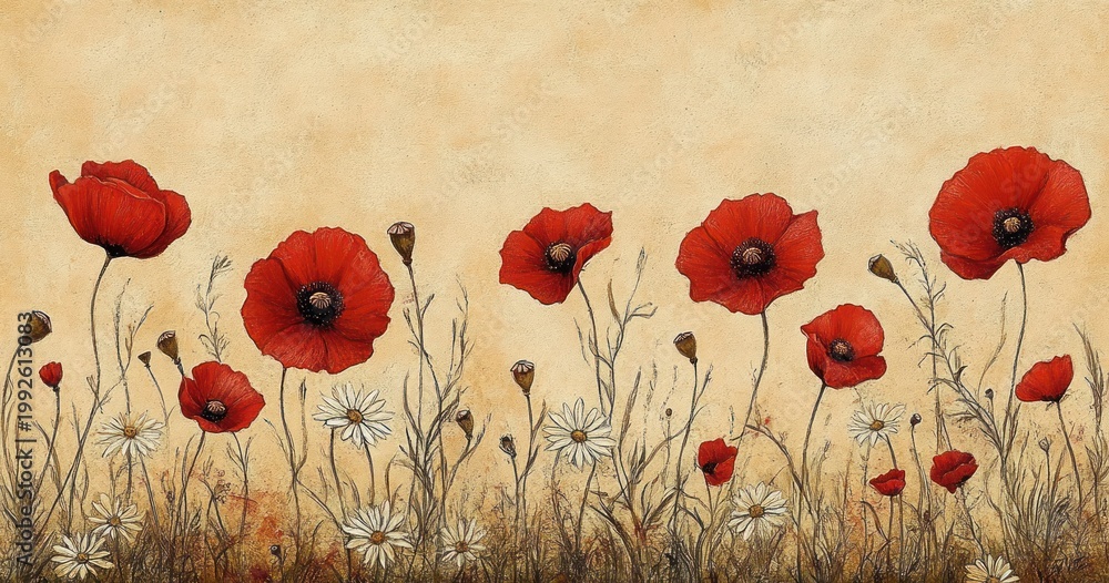 Naklejka premium field of red poppies and white daisies with slender stems and seed pods against a warm textured beige backdrop, evoking a peaceful nostalgic sunlit meadow scene