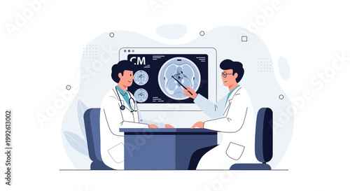 Doctors Discussing Medical Scan Results on Screen in Modern Office