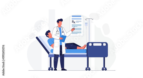 Doctor Consults Patient Lying in Hospital Bed with IV Drip and Prescription