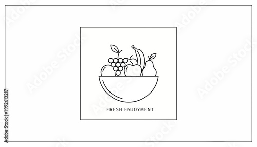 Minimalist line art of a fruit bowl with banana, grapes, apple, and pear, text 'FRESH ENJOYMENT'