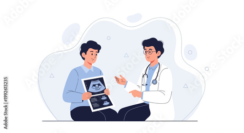 Doctor showing ultrasound scan to patient, medical consultation, healthcare concept