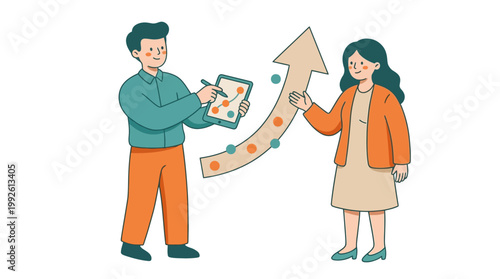 Business colleagues reviewing data and progress with upward arrow illustration