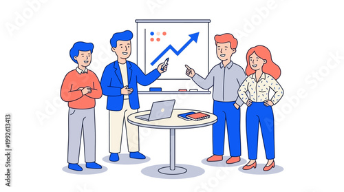 Team members discussing charts and graphs around a table during a meeting