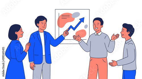 Business team analyzing data presentation with chart and arrow illustration