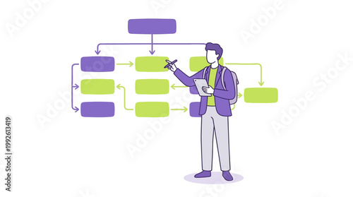 Businessman presenting workflow chart with arrows and boxes in flat illustration style
