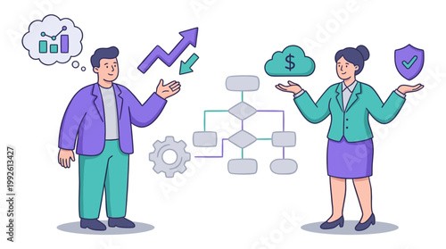 Business professionals analyze financial growth and security illustration for commerce