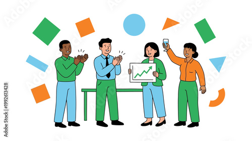 Team celebrating success with graphic display of progress in modern flat illustration