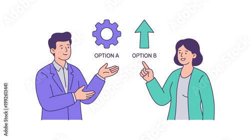 Business professionals discussing options with gear and arrow symbol illustrations