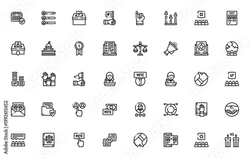 Democracy icon set. Vector symbols for vote, ballot, election, speech, debate, capitol and more. Minimalist linear icons pack.