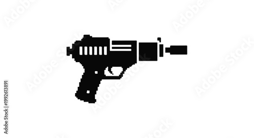 Pistol with an attached suppressor stands as a minimalist black icon representing tactical equipment usage.