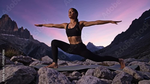 Woman doing mountain climbers exercise on yoga mat in rocky mountains at sunset