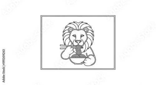 Lion Eating Noodles with Chopsticks - Outline Illustration