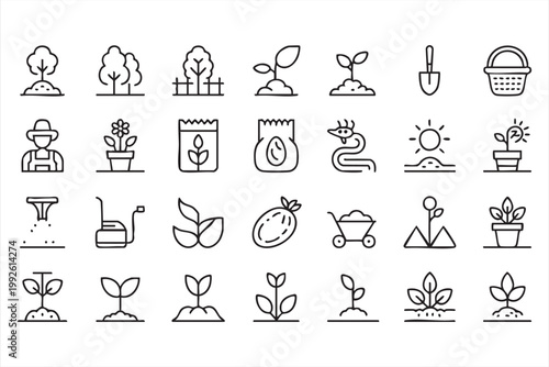 Gardening and agriculture icons, plant growth, farming tools, irrigation, organic cultivation symbols for UI and web design