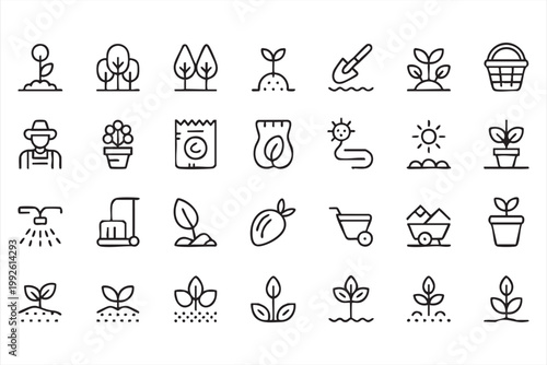 Plant growth and farming icon set, gardening tools, seed planting, eco agriculture symbols for mobile and web interface