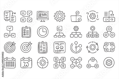 Task management and workflow icons, project planning, organization, productivity system symbols for dashboards