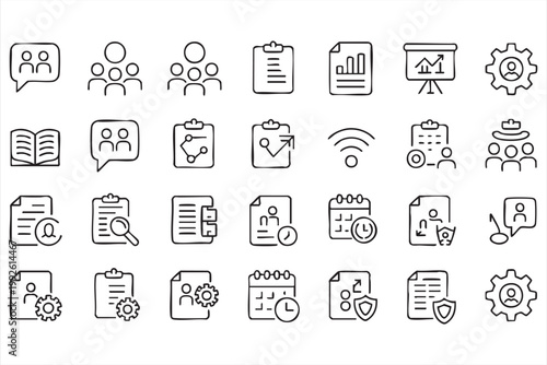 Corporate learning and analytics icon set, business training, communication, data reporting symbols for interface design