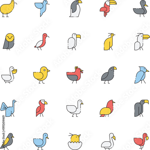 Collection of colorful and diverse bird icons in a modern flat design style, perfect for digital and print use