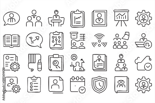Education and business training icons, analytics, communication, collaboration, reporting symbols for digital UI systems