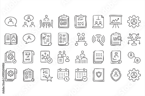 Business analytics and training icons, corporate learning, communication, reporting tools for web applications